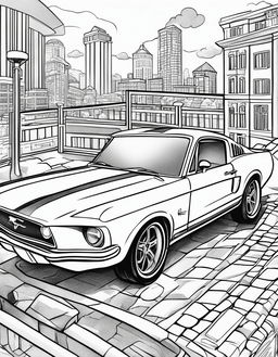 Coloring book page featuring a cartoonish Ford Mustang for children with a playful cityscape background.