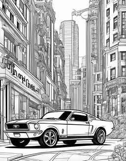 Coloring book page featuring a cartoonish Ford Mustang for children with a playful cityscape background.