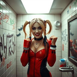 An enticing portrayal of Harley Quinn in a school restroom, pressed against the tiled wall with a mischievous and playful expression