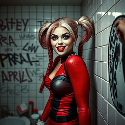 An enticing portrayal of Harley Quinn in a school restroom, pressed against the tiled wall with a mischievous and playful expression