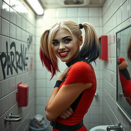 An enticing portrayal of Harley Quinn in a school restroom, pressed against the tiled wall with a mischievous and playful expression