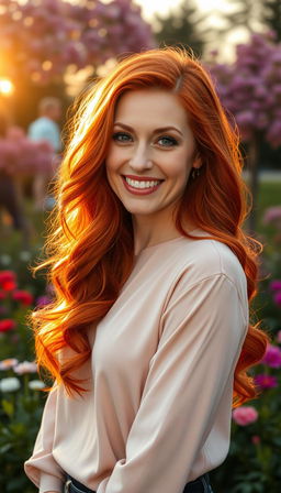 A 35-year-old European woman with stunning red hair, showcasing a vibrant and confident demeanor