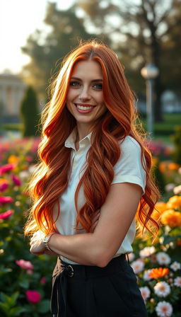 A 35-year-old European woman with stunning red hair, showcasing a vibrant and confident demeanor