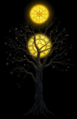 A mystical tree with intricate branches and leaves, standing tall in the foreground