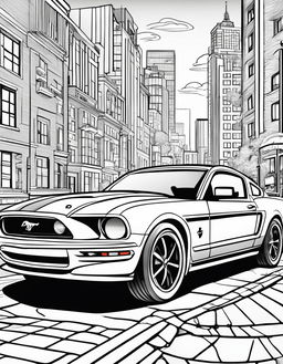 Coloring book page featuring a cartoonish Ford Mustang for children with a playful cityscape background.