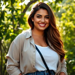 A confident and attractive 35-year-old Brazilian woman with a fuller figure, exuding self-assurance and charm, captured in a headshot