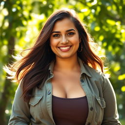 A confident and attractive 35-year-old Brazilian woman with a fuller figure, exuding self-assurance and charm, captured in a headshot
