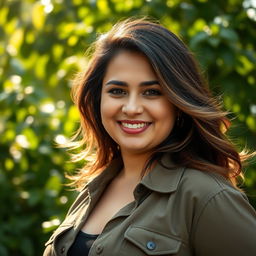 A confident and attractive 35-year-old Brazilian woman with a fuller figure, exuding self-assurance and charm, captured in a headshot