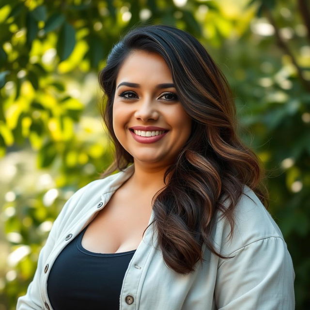 A confident and attractive 35-year-old Brazilian woman with a fuller figure, exuding self-assurance and charm, captured in a headshot