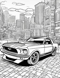 Coloring book page featuring a cartoonish Ford Mustang for children with a playful cityscape background.