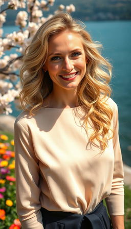 A 35-year-old European woman with beautiful light blonde hair, radiating charm and sophistication