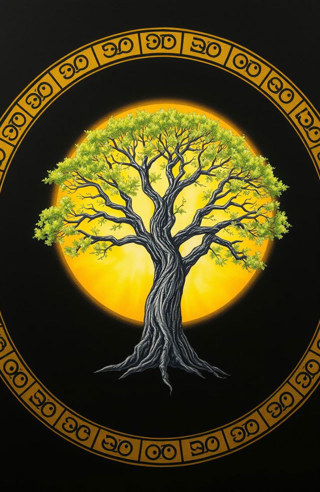 A beautifully drawn tree enclosed in a glowing yellow circle adorned with intricate runes