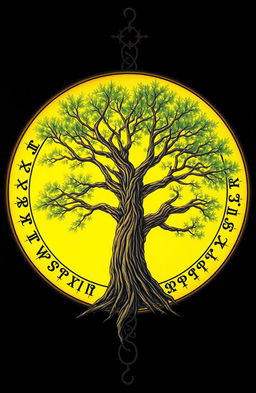 A beautifully drawn tree enclosed in a glowing yellow circle adorned with intricate runes