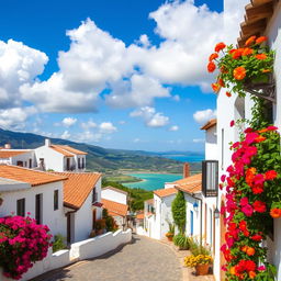 A picturesque view of Pueblo Viejo, inspired by Zahara de la Sierra in Cadiz, Spain
