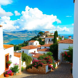A picturesque view of Pueblo Viejo, inspired by Zahara de la Sierra in Cadiz, Spain