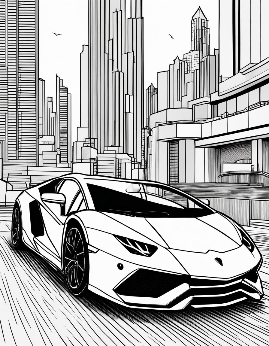 Simple coloring book page featuring a minimalist Lamborghini.