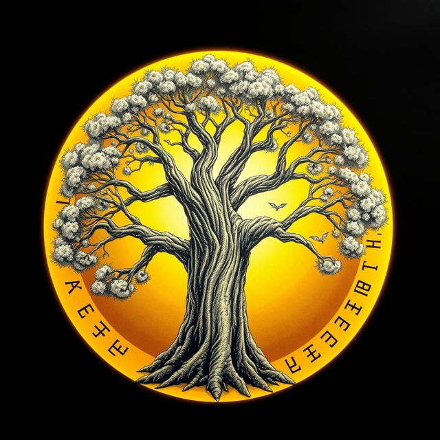 A detailed drawing of a majestic tree encircled by a glowing yellow circle featuring ancient runes