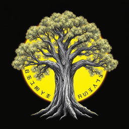 A detailed drawing of a majestic tree encircled by a glowing yellow circle featuring ancient runes