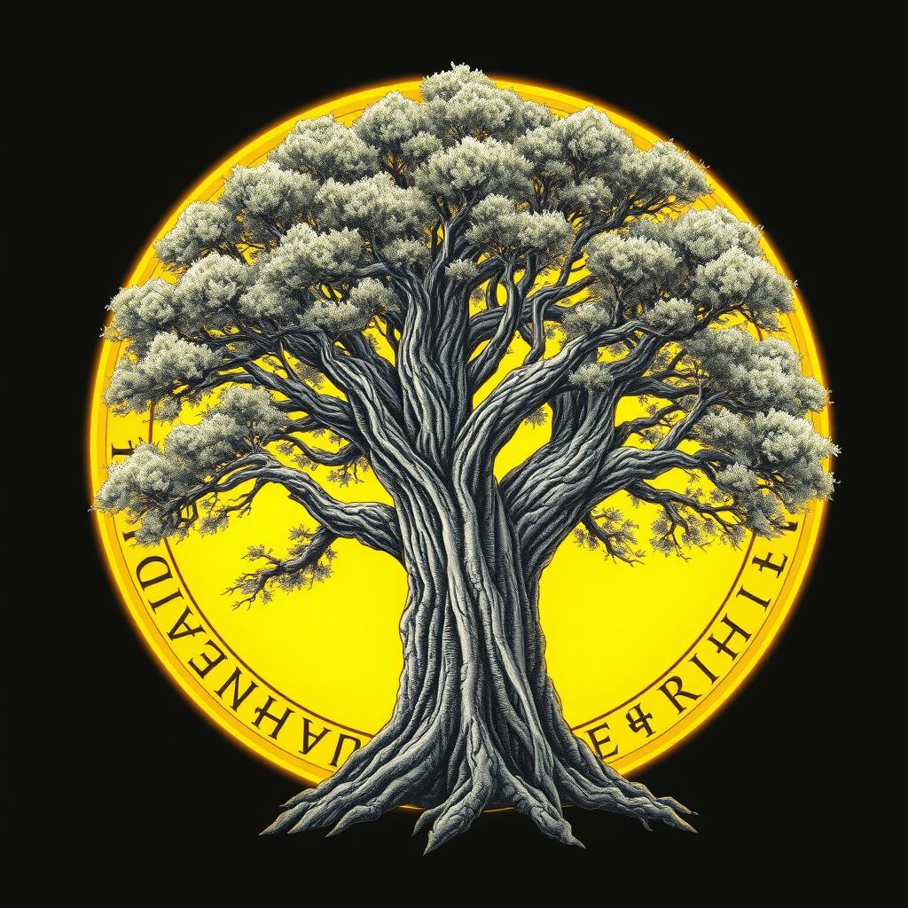 A detailed drawing of a majestic tree encircled by a glowing yellow circle featuring ancient runes