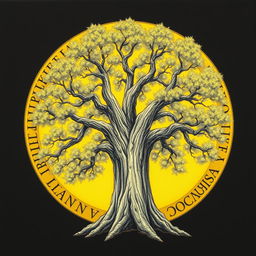 A detailed drawing of a majestic tree encircled by a glowing yellow circle featuring ancient runes