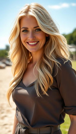 A 35-year-old European woman with beautiful light blonde hair, exuding elegance and confidence