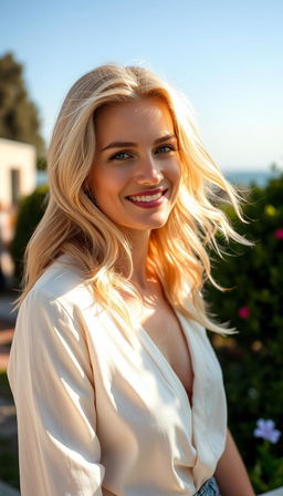 A 35-year-old European woman with beautiful light blonde hair, exuding elegance and confidence