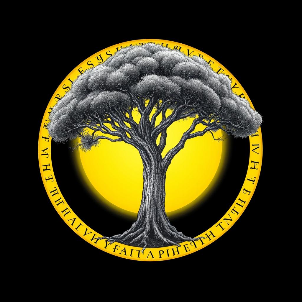 A stunning drawing of a tree encircled by a radiant yellow circle embellished with ancient runes