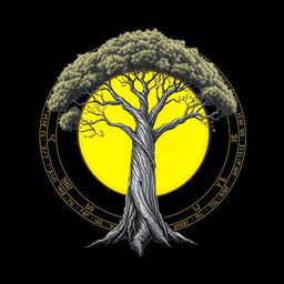 A stunning drawing of a tree encircled by a radiant yellow circle embellished with ancient runes