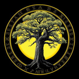 A stunning drawing of a tree encircled by a radiant yellow circle embellished with ancient runes