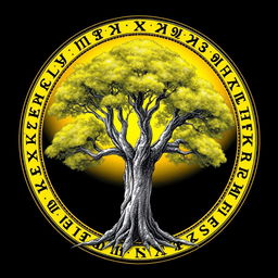 A stunning drawing of a tree encircled by a radiant yellow circle embellished with ancient runes