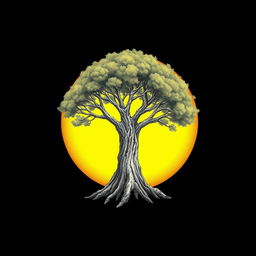 A captivating drawing of a tree encircled by a vivid yellow circle that features ancient runes inscribed along its edge