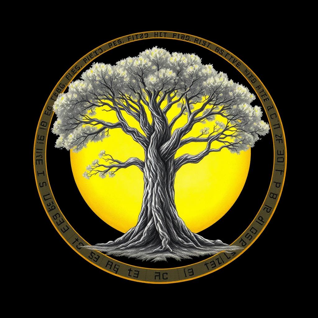 A captivating drawing of a tree encircled by a vivid yellow circle that features ancient runes inscribed along its edge