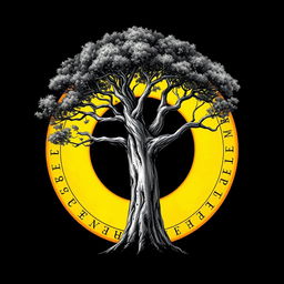 A captivating drawing of a tree encircled by a vivid yellow circle that features ancient runes inscribed along its edge