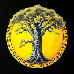 A captivating drawing of a tree encircled by a vivid yellow circle that features ancient runes inscribed along its edge