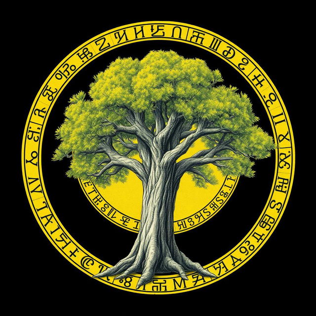 A beautifully detailed drawing of a tree encircled by a vibrant yellow circle featuring intricate ancient runes