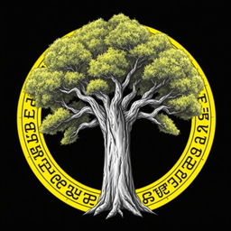 A beautifully detailed drawing of a tree encircled by a vibrant yellow circle featuring intricate ancient runes