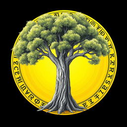 A beautifully detailed drawing of a tree encircled by a vibrant yellow circle featuring intricate ancient runes