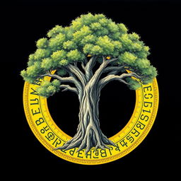 A beautifully detailed drawing of a tree encircled by a vibrant yellow circle featuring intricate ancient runes