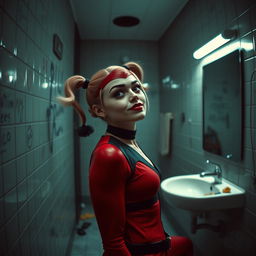 A captivating scene featuring Harley Quinn in a school restroom, leaning casually against the wall