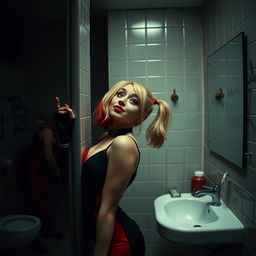 A captivating scene featuring Harley Quinn in a school restroom, leaning casually against the wall
