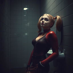 A captivating scene featuring Harley Quinn in a school restroom, leaning casually against the wall