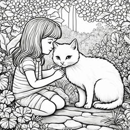 Black and white colouring book page featuring two children petting an adorable fluffy cat in a garden setting.