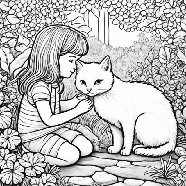 Black and white colouring book page featuring two children petting an adorable fluffy cat in a garden setting.