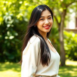 A beautiful 40-year-old Vietnamese woman with fair skin wearing stylish clothing