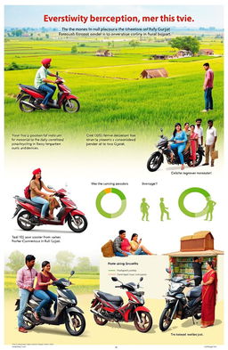 A comprehensive visual summary illustrating consumer perception of two-wheelers in rural Gujarat, showcasing a vibrant rural landscape with lush green fields, traditional villages, and various two-wheeler models like scooters and motorcycles being used by local residents