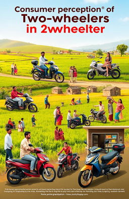 A comprehensive visual summary illustrating consumer perception of two-wheelers in rural Gujarat, showcasing a vibrant rural landscape with lush green fields, traditional villages, and various two-wheeler models like scooters and motorcycles being used by local residents