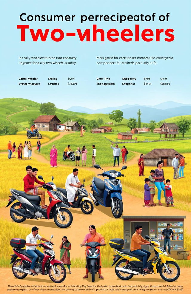 A comprehensive visual summary illustrating consumer perception of two-wheelers in rural Gujarat, showcasing a vibrant rural landscape with lush green fields, traditional villages, and various two-wheeler models like scooters and motorcycles being used by local residents