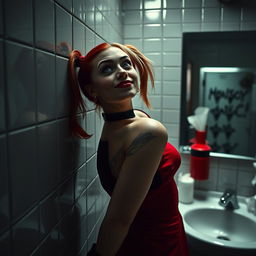 A striking scene featuring Harley Quinn in a school restroom, leaning gracefully against the wall