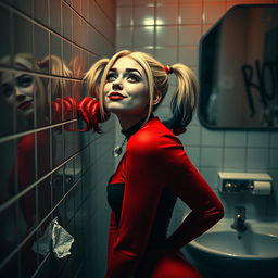 A striking scene featuring Harley Quinn in a school restroom, leaning gracefully against the wall