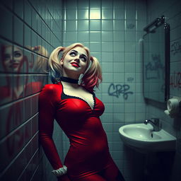 A striking scene featuring Harley Quinn in a school restroom, leaning gracefully against the wall